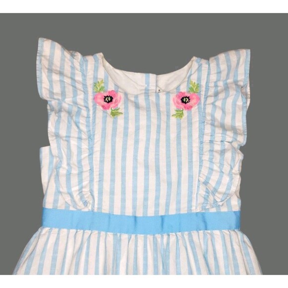 Janie & Jack Embroidered Floral Striped Dress Girls Size 6 Blue White Ruffle - Picture 2 of 10